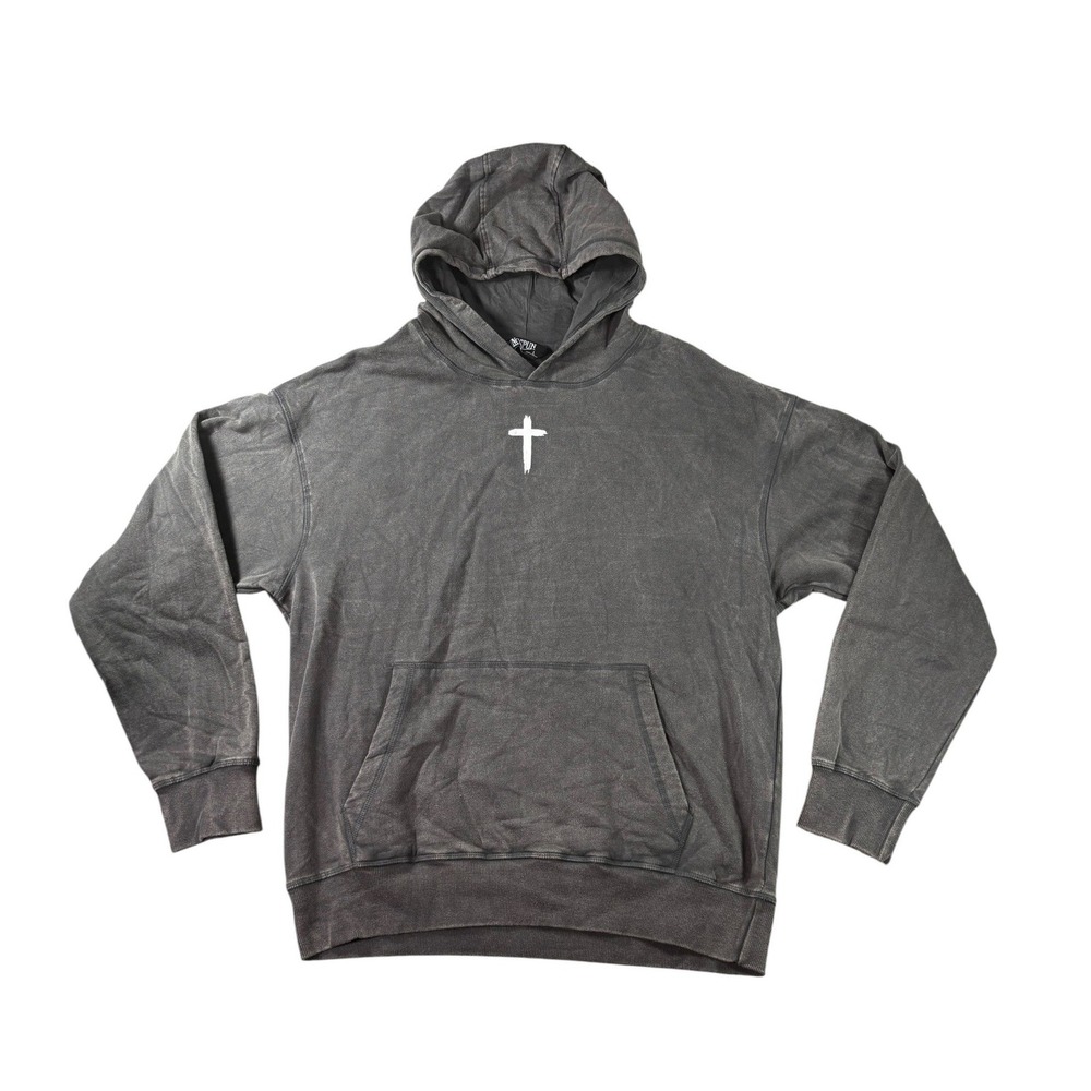 Ringspun Jesus Loves You Hoodie Washed Charcoal Grey Graphic Streetwear Mens L